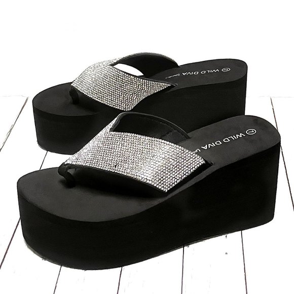 New Black Rhineatone Thong Platform Wedge Sandals - Picture 2 of 5